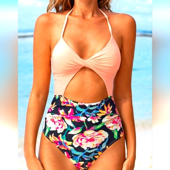 Floral Print Halter One Piece Swimsuit Size M retro look - Picture 1 of 4